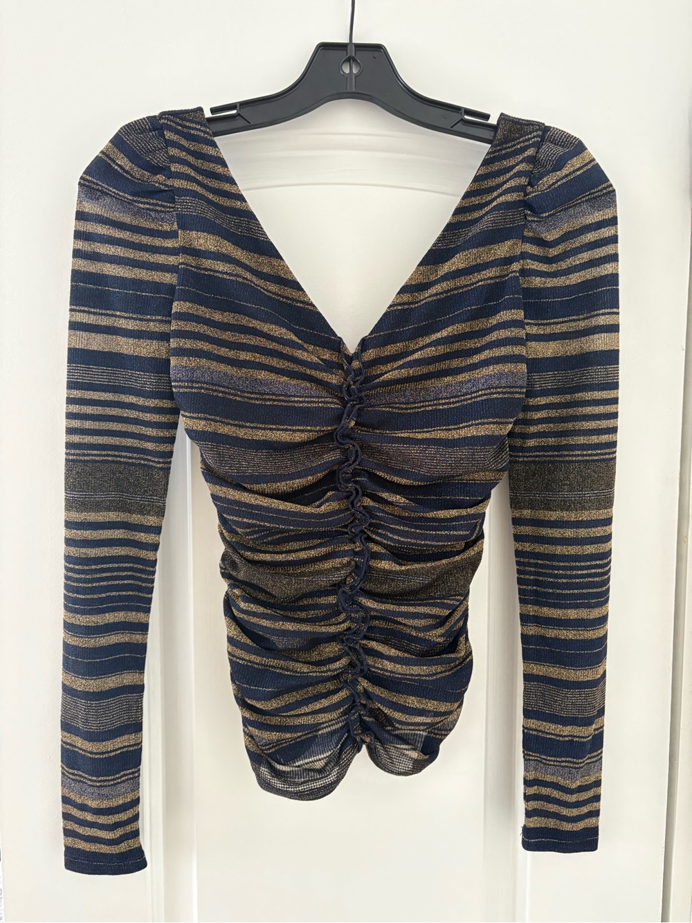 bebe Navy and Gold Striped Ruched V-Neck Long Sleeve Top